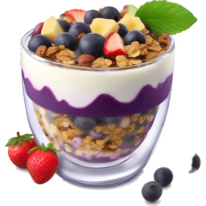 Açaí in a clear cup with layers of fruits and granola and condensed milk emoji