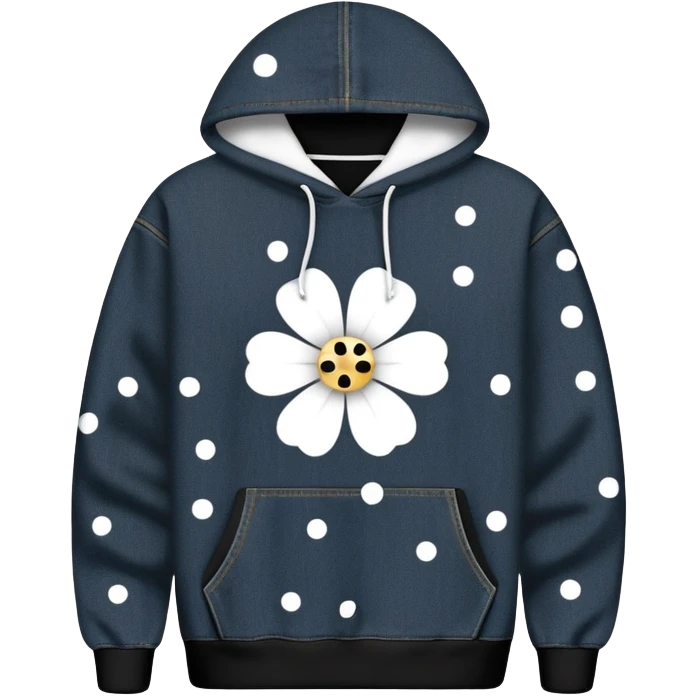 The BLACK Denim Tears Hoodie features a black base with distinctive white and black  open flower spots with empty space in the middle, These hollow ring-like patterns are scattered across. BLACK AND WHITE FLOWERS emoji