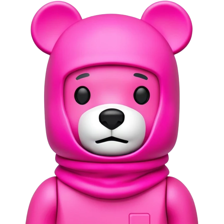 bearbrick toy figure wearing a bright pink balaclava, blocky bear collectible toy emoji