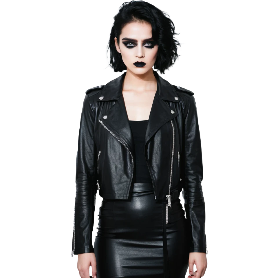 Chucky's bride in a black dress and black leather jacket, heavy dark eye makeup emoji