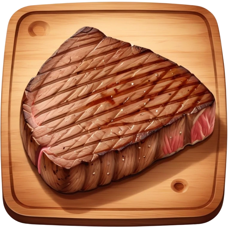 A thick, juicy steak with grill marks on the surface, slightly curved edges, and a reddish-brown seared texture. One side may have a white fatty edge or a small round bone. It appears tender, fresh off the grill, with a delicious, smoky look emoji