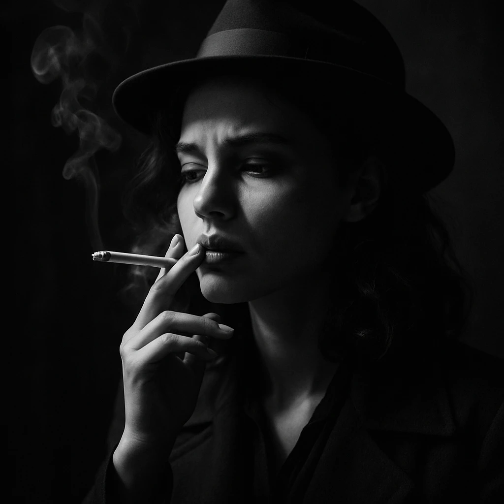 a girl smoking, noir style, dramatic lighting, moody, black and white, cinematic emoji
