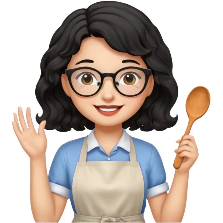 girl with apron, black wavy hair, wearing glasses, a little blush on her cheek emoji