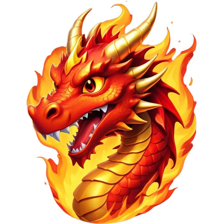 Cinematic Comical Fierce Fire Dragon Portrait Emoji, Head tilted dramatically with an exaggeratedly amused expression, featuring a striking, flame-draped body with bold, blazing scales in intense red and molten gold, and eyes twinkling with fiery mischief; rendered with vivid, lifelike textures and dynamic, flickering shadows, high shine, dramatic yet playful, styled with an air of cheeky volcanic mischief, soft glowing outline, capturing the essence of a spirited and over‐the‐top inferno that looks ready to burst into a cascade of playful embers! emoji