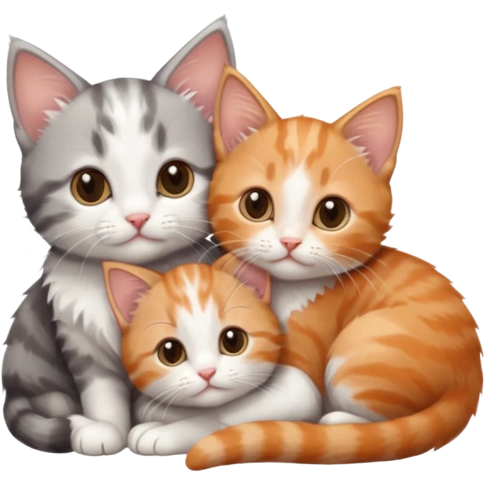 3 tiny kittens cuddling together all different colours, the first one is grey and white, the second is ginger and white and the third is brown tabby and white emoji