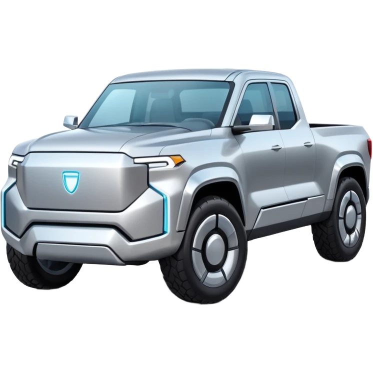 A futuristic electric pickup truck emoji, silver chrome body, angular cyber design, smooth metallic panels, subtle reflections, minimalistic proportions, iOS emoji style, centered composition, clean white background, soft lighting emoji