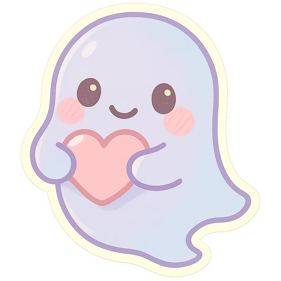 pastel ghost, chibi style, soft colors, blushing cheeks, floating, friendly expression, big eyes, holding a heart emoji