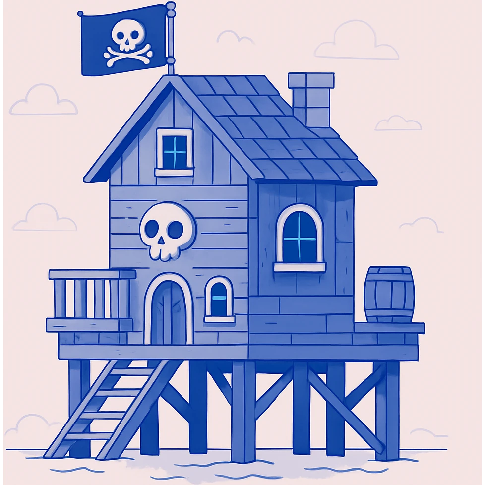 old pirate's house with skull flag emoji
