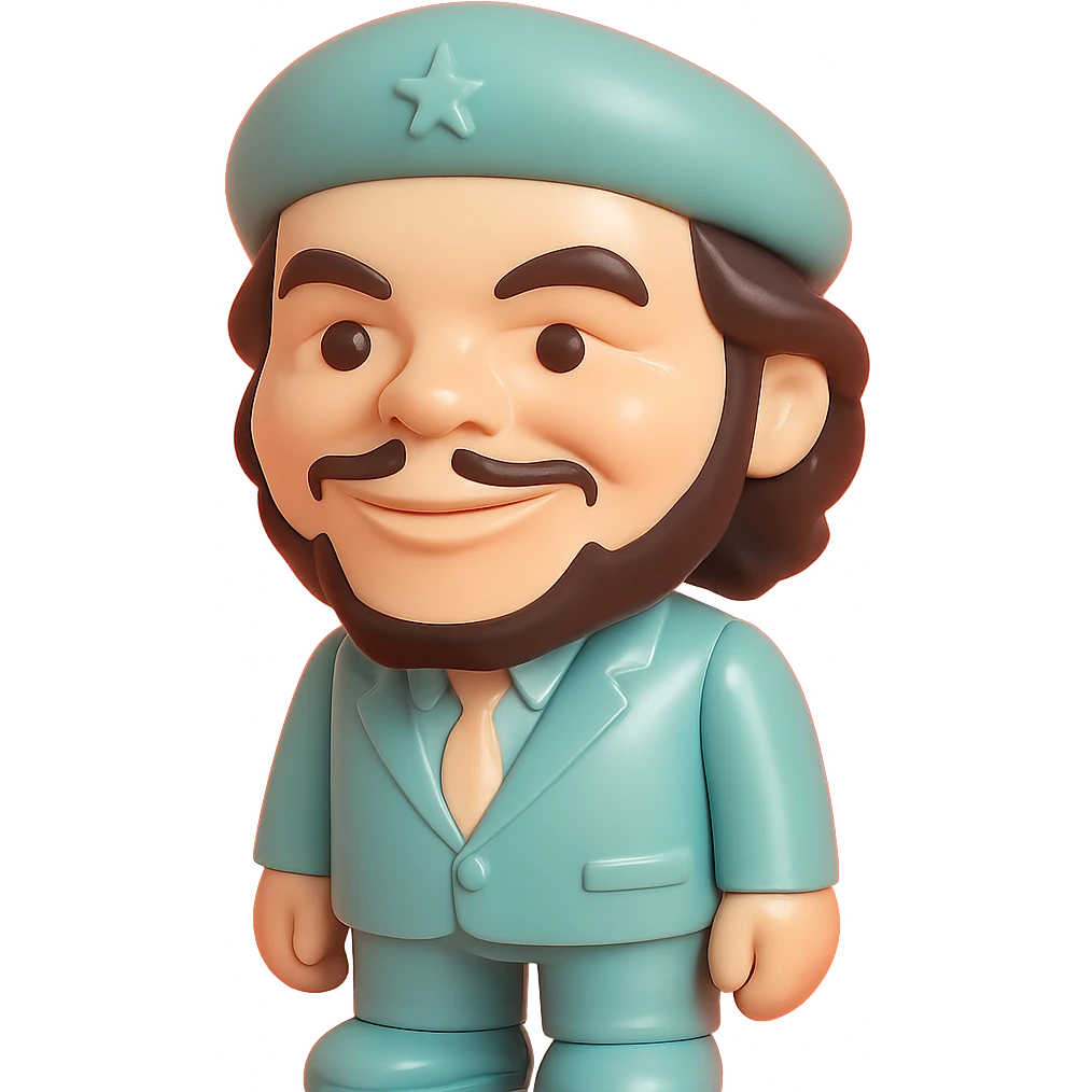 statuette of Che Guevara in a suit and tie, big head, confident smile emoji