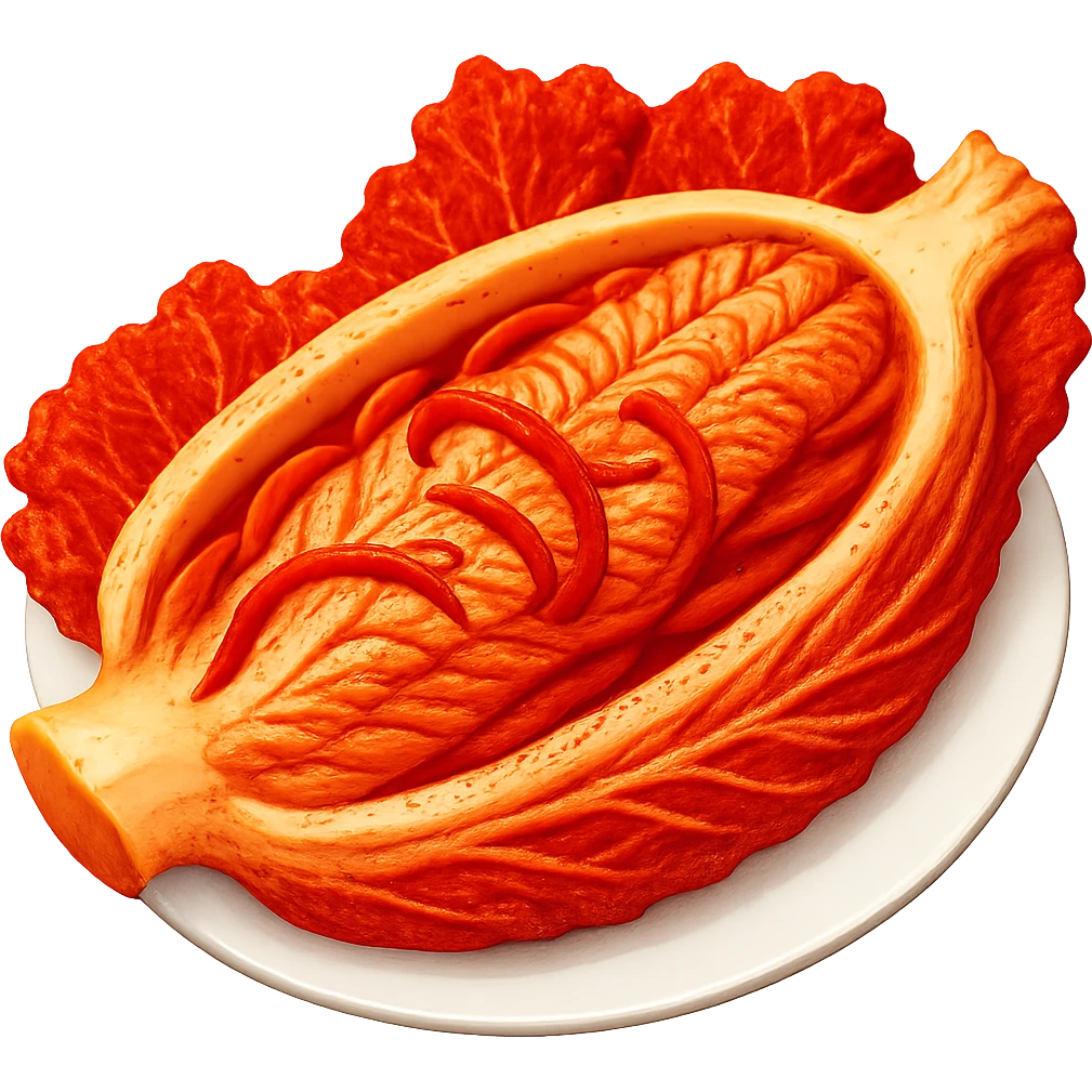 Apply red chili seasoning evenly on all green cabbage leaves to make it look like kimchi. Remove all green color so no green remains. The style should resemble emoji style but without a face. Background should be removed. emoji