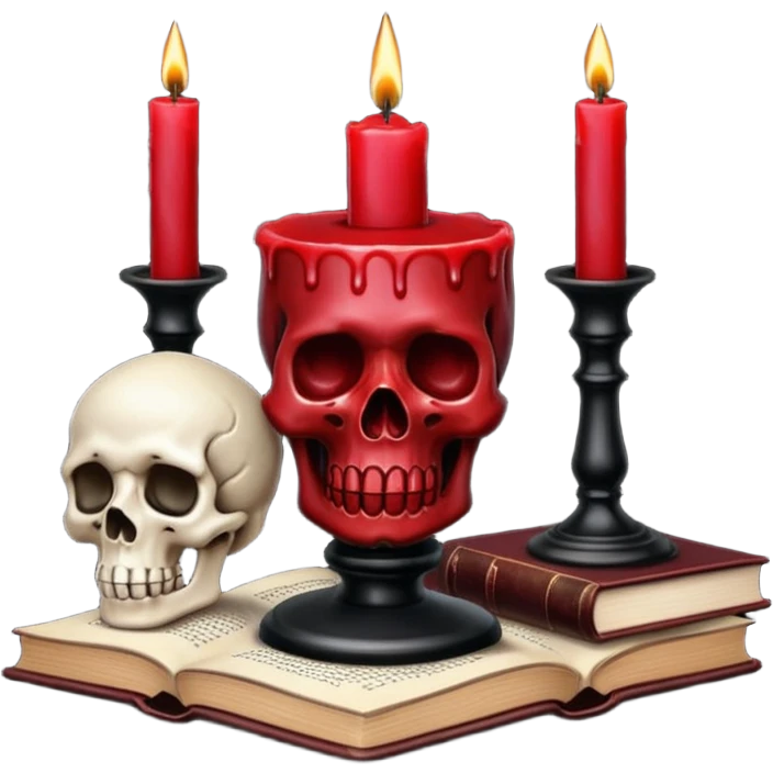 Dark Red candle on a black stand, books, skull, gothic style, beautiful aesthetic  emoji