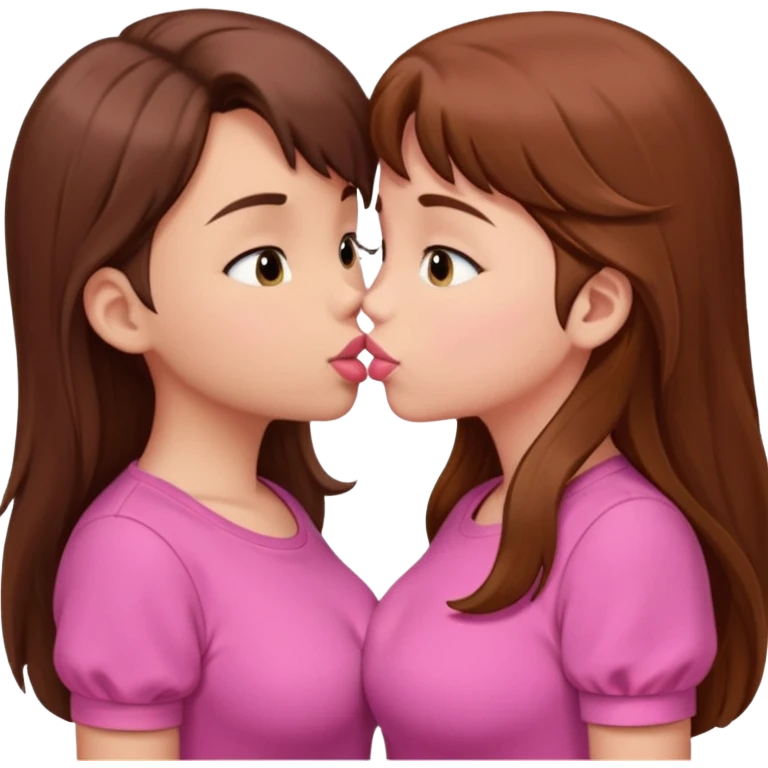 two 5 year old gals about to kiss on the lips, lips extremely close but not touching, pink shirts, long brown hair, big boobs emoji