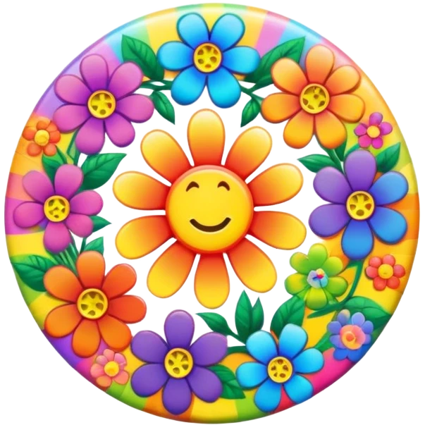 A round psychedelic colored button with rainbow colored hippie style flowers around the edges emoji