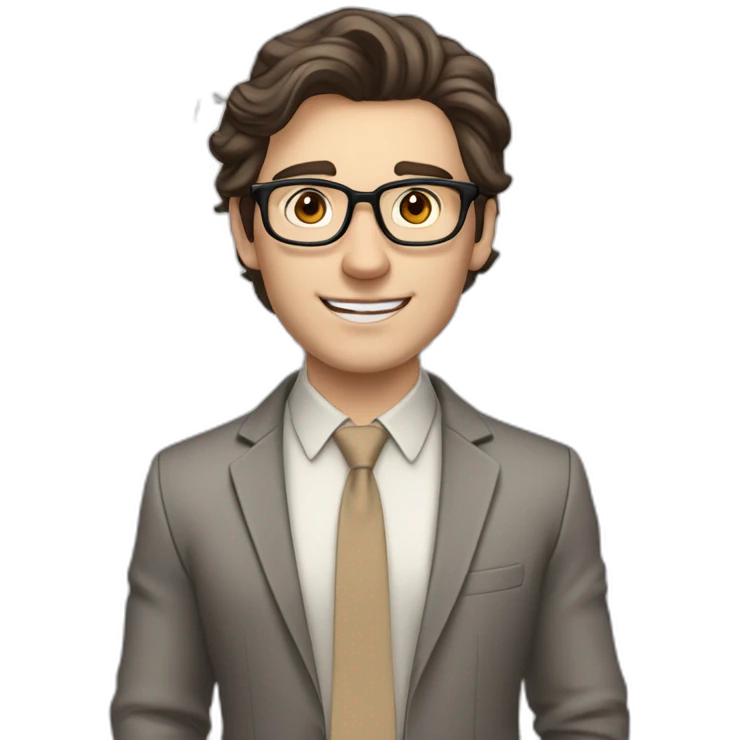 Pale skinned fit man with dark brown hair in gray jacket, beige office shirt, brown tie, brown pants and vintage glasses Writing on the flipchart emoji