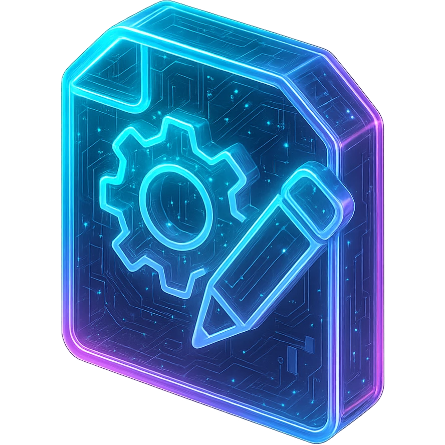 Create an icon of a piece of paper with a gear on it and a pencil, in a cyberpunk, holographic style with glowing neon blue and pink edges, circuit patterns throughout. The paper, gear, and pencil should be clearly visible and recognizable, with a consistent cyberpunk glow and intricate circuit details, matching the style of the previous cyberpunk icons. emoji
