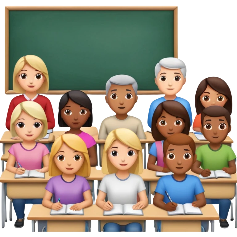 adults sitting in a classroom facing a screen emoji