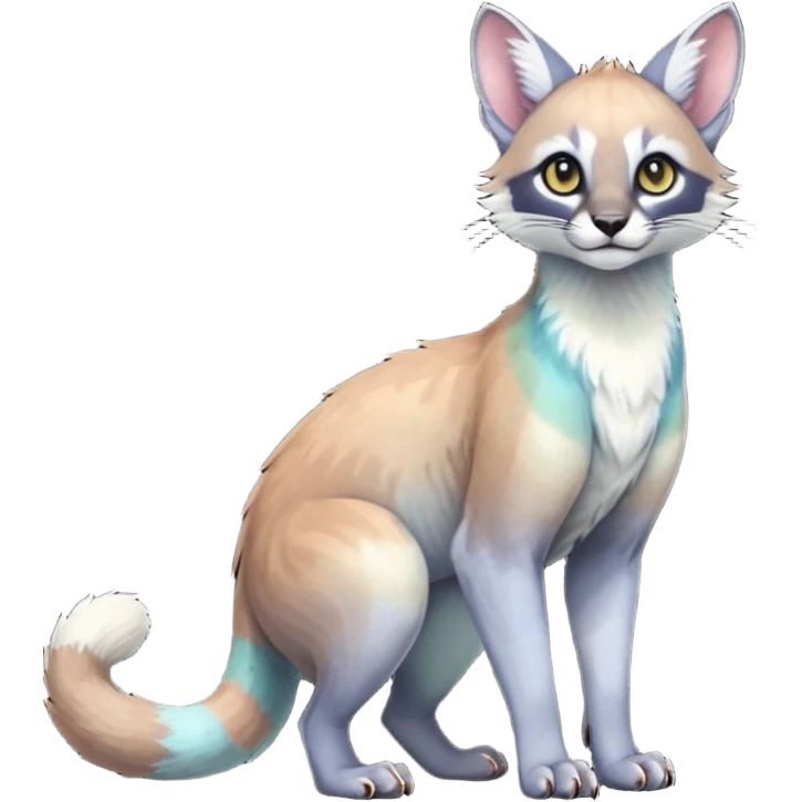 Colorful dark tropical pale light fruity pastel white glorious iridescent divine exotic cute cool beautiful beautiful fantasy-caracal-civet-genet-sergal-vernid-Gryphon-Cacomistle-Trico-oncilla-animal-Fakémon-hybrid-fursona (full body) emoji