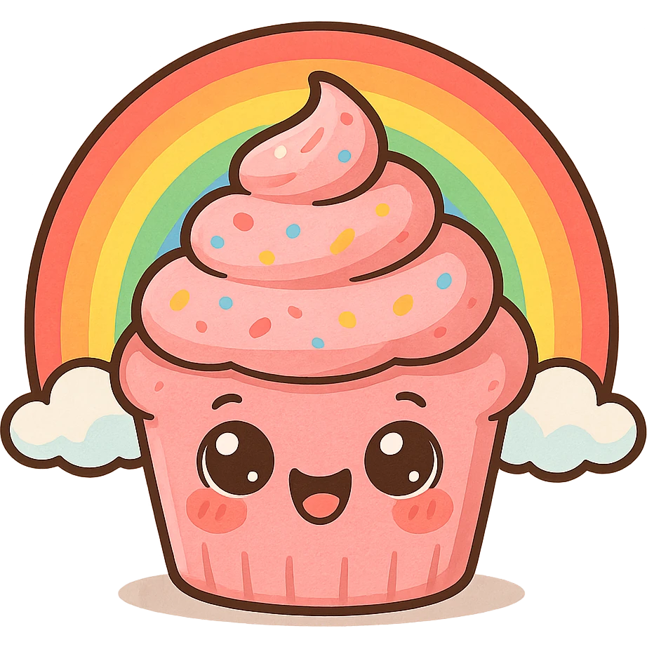 a cute pink cupcake with a rainbow, original design, big eyes, blushing cheeks, joyful emoji