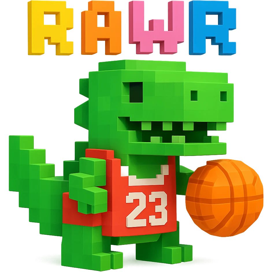 надпись "RAWR" и динозавр с баскетбольном мячом в майке с надписью "23", no background emoji