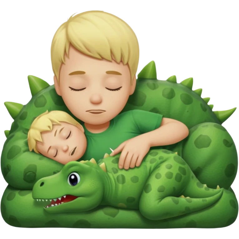 Blond boy sleeping wearing green dinosaur t-shirt emoji