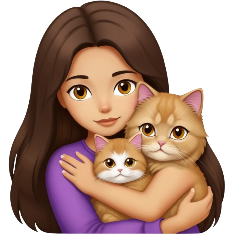 A pretty girl with long dark hair is hugging her one light hair persian cat. emoji