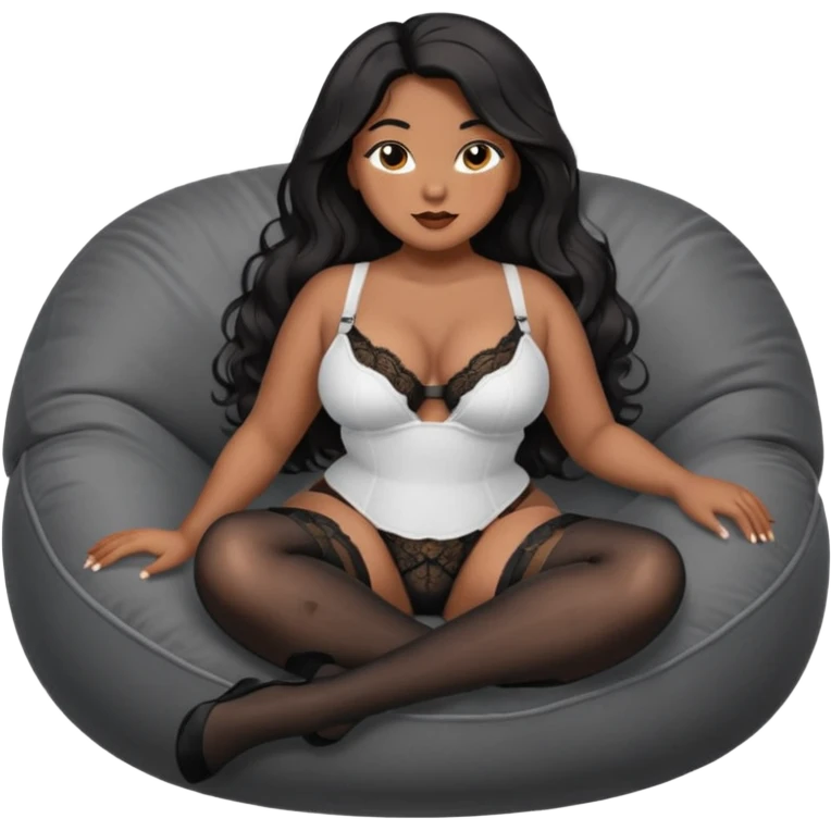 Curvy woman with brown skin with long wavy black hair, dark brown eyes. She's wearing a tight white shirt showing cleavage, black lace thong, black stockings and suspender belt, she's sat on a big dark grey bean bag chair, she has her legs open emoji