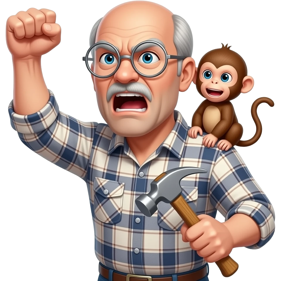 Angry old man with a plaid shirt with silver round glasses balding, NO beard & NO mustache yelling at the sky and shaking his fist angrily at the sky holding a hammer in his LEFT hand and a angry baby monkey on his shoulder. emoji
