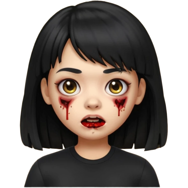 A zombie girl in Apple Memoji format with HUGE, straight black hair with bangs, wearing a black shirt. emoji