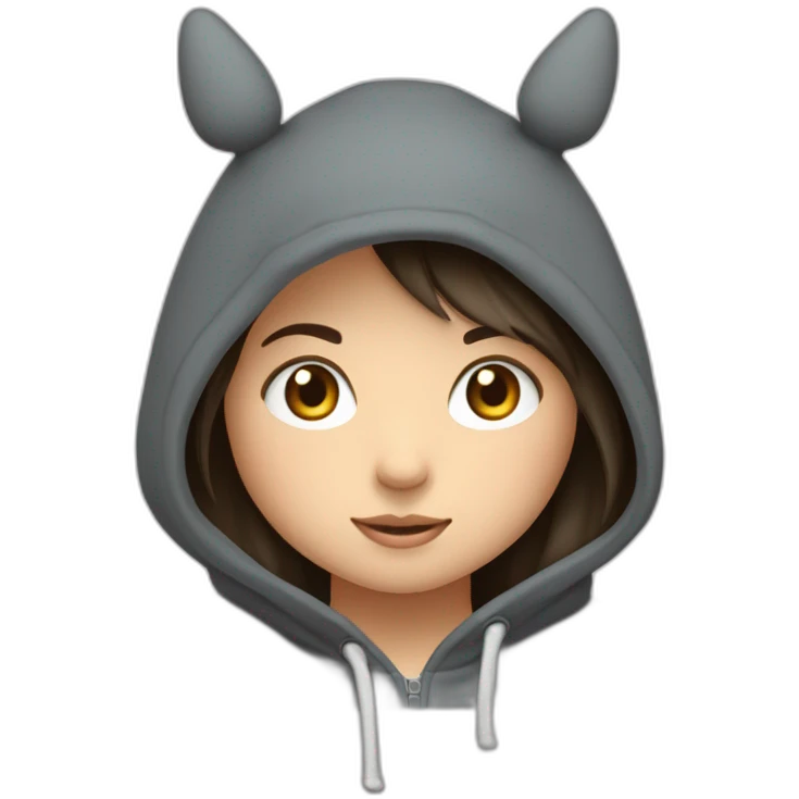 Fille Brune avec un sweat-capuche Totoro gris foncé avec les rond clair de Totoro sur ventre  emoji