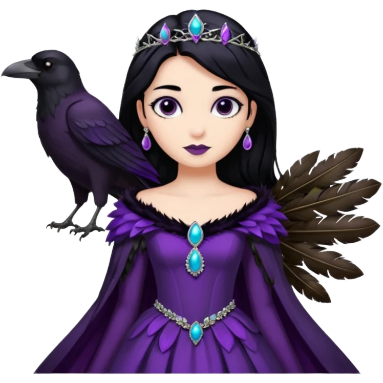 Raven Princess – feather brooch + plum gown emoji