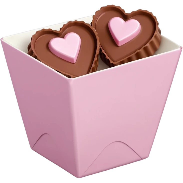 Two sharp-edged square milk chocolate pralines placed diagonally, each in a white fluted paper candy cup, with smooth glossy coating.
Flat thin pastel pink heart icing centered on top with subtle sugar crystal sparkle, clean studio lighting, pure white background, realistic minimal emoji-style. emoji