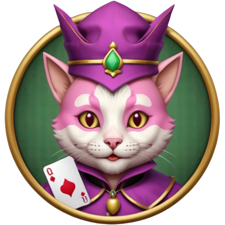 court jester cat medieval, single poker card joker clearly visible, pink, face only, round badge,  court jester cap emoji