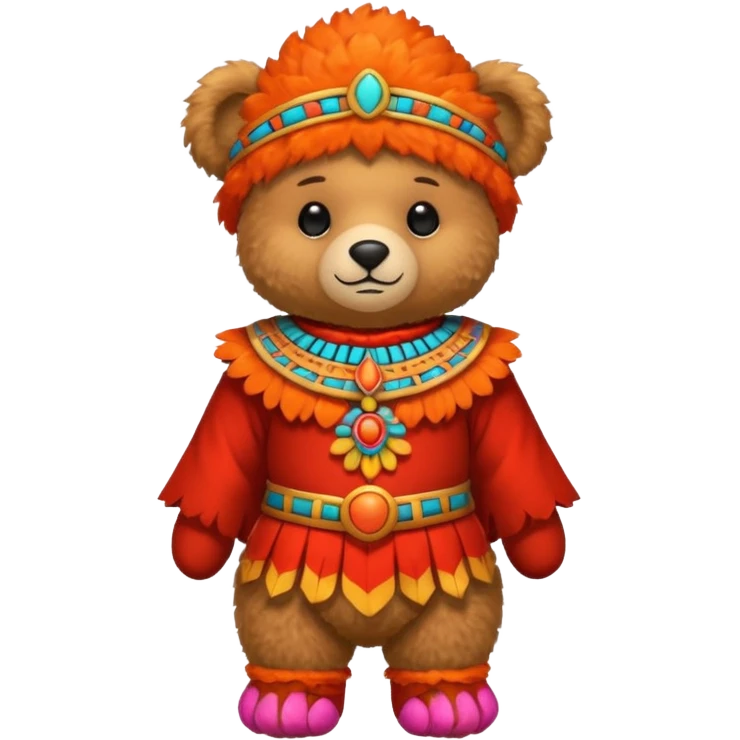 teddy bear Upper, wearing red mayan ancient custome, with carrot half body emoji