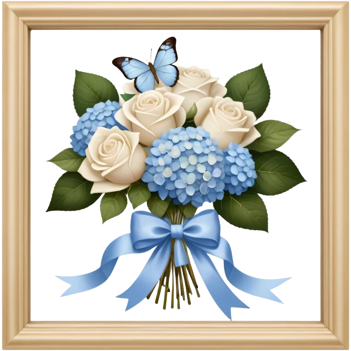 An antique wooden windowsill adorned with an elegant arrangement of white roses and soft blue hydrangeas. A silk bow in muted beige is loosely tied around the bouquet, while a translucent butterfly with pearlescent wings delicately lands on the petals. emoji
