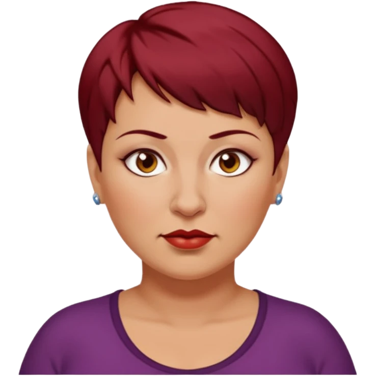 femme 40 ans, cheveux très court rouge foncé piercing sur le nez yeux marrons, surpoids emoji
