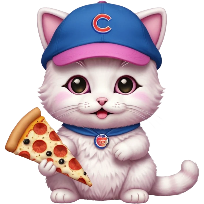 Kitty with cubs hat on with pizza emoji