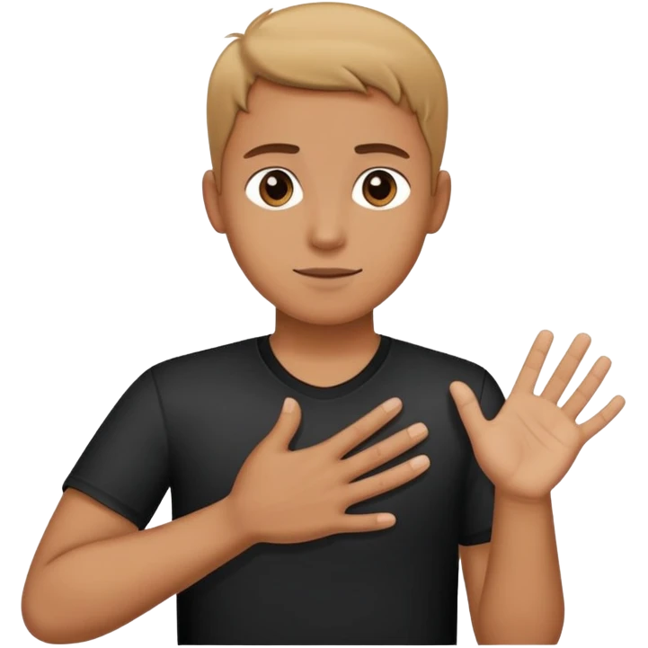 Clothed person with one hand on their chest one hand extended palm outwards like stop sign emoji