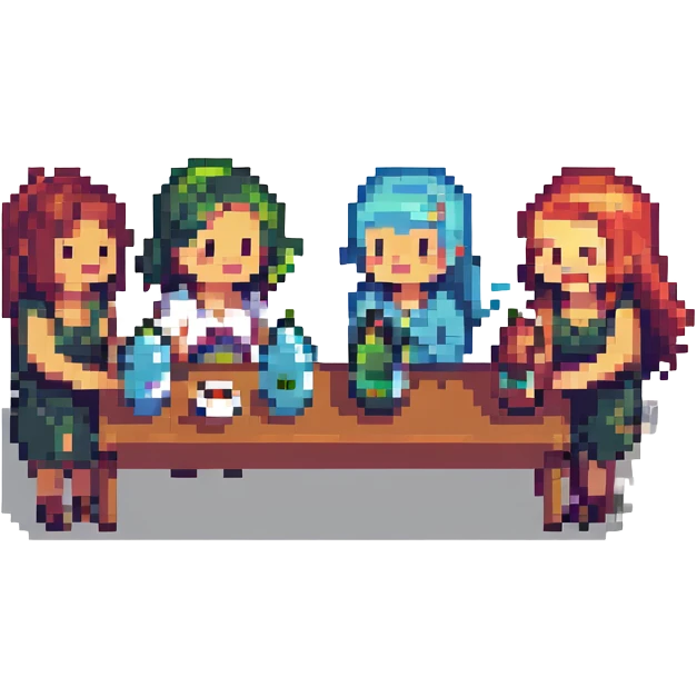 a lively group of friends at a party, holding drinks and laughing, pixel art style emoji