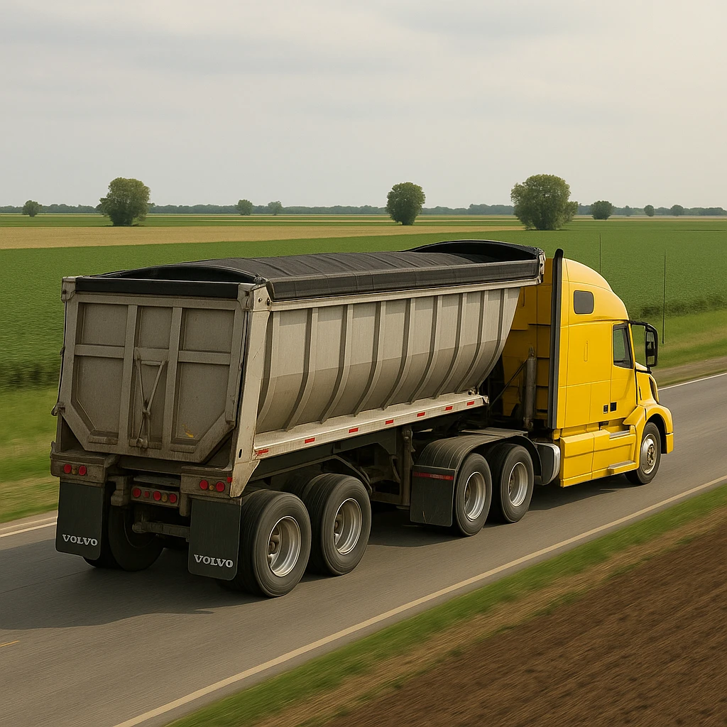 Transform the truck into a realistic yellow Volvo sleeper semi truck driving away with a large end dump trailer through farmland. Focus on realistic details and natural environment. emoji