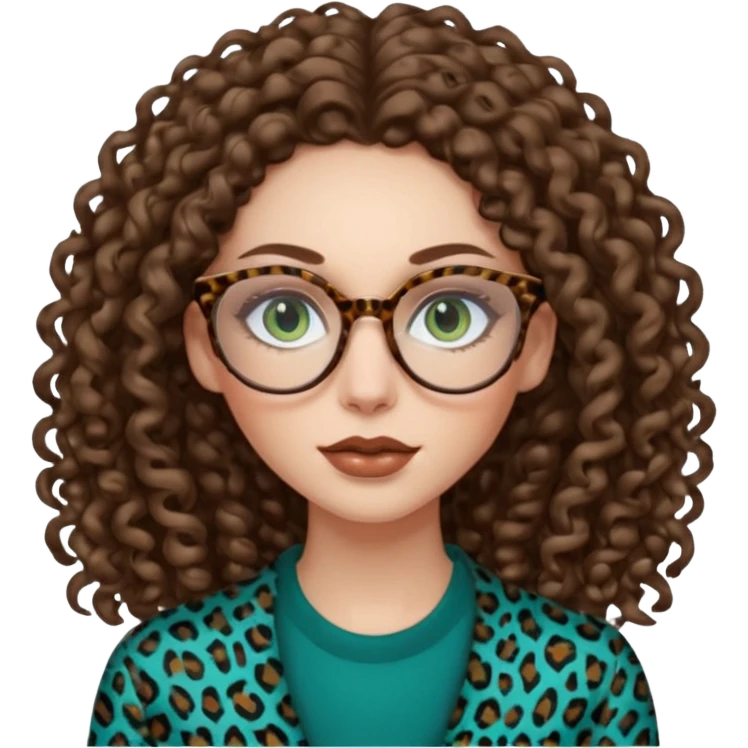 a blue green eyed woman with very very long brunette curly hair, full lips,and pale skin. She is wearing a leopard printed thin round-ish glasses . She is wearing brown clothes. emoji
