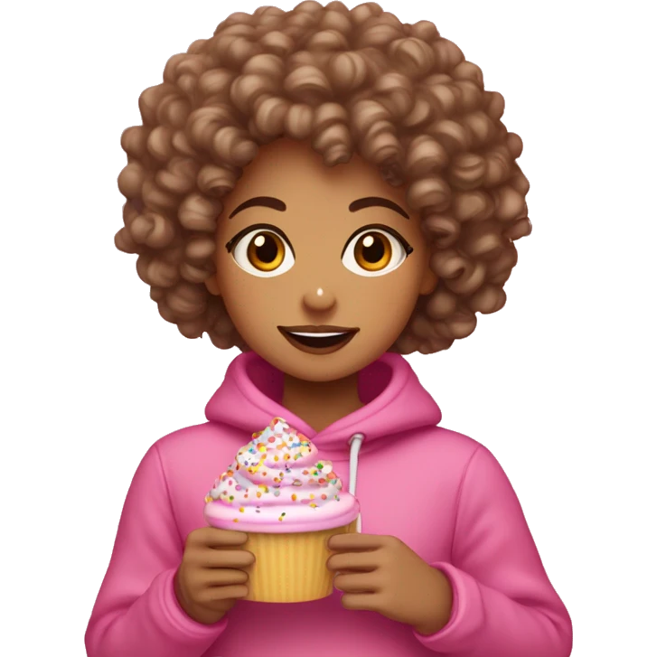 A lightskin girl with curly hair dressed in fall attire eating a pink frosted doubt with sprinkles  emoji
