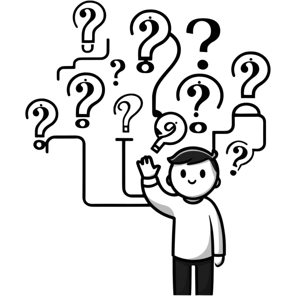 thoughtful person looking up with question marks emoji