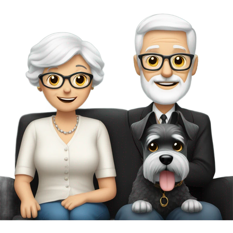 A grandma and grandpa sitting on a black couch with there one schnauzer that is black and white colored emoji