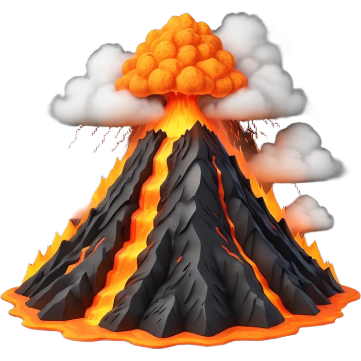 3D render of Volcano, miniature weather phenomenon, volumetric particle effects, mountain with orange lava and black ash smoke, elemental energy, emoji style, isolated on white background --v 6.0. emoji