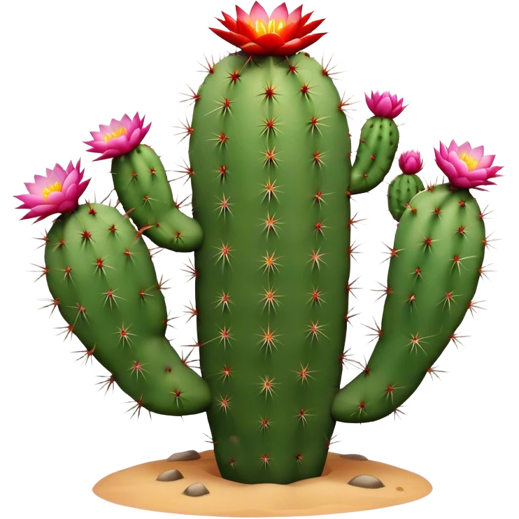 Cinematic Realistic Cactus Emoji, Tall and spiny, with thick, rounded stems covered in sharp spines. Bright flowers bloom at the tips of some branches, adding a pop of color against the desert backdrop. Soft glowing outline, capturing the essence of strength, survival, and desert beauty in a striking cactus! emoji