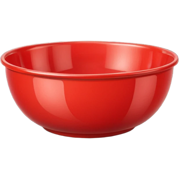 A bright red plastic household bowl. Smooth glossy surface, soft studio lighting, subtle shadow underneath. Product-style photography, crisp focus, minimalistic composition. emoji