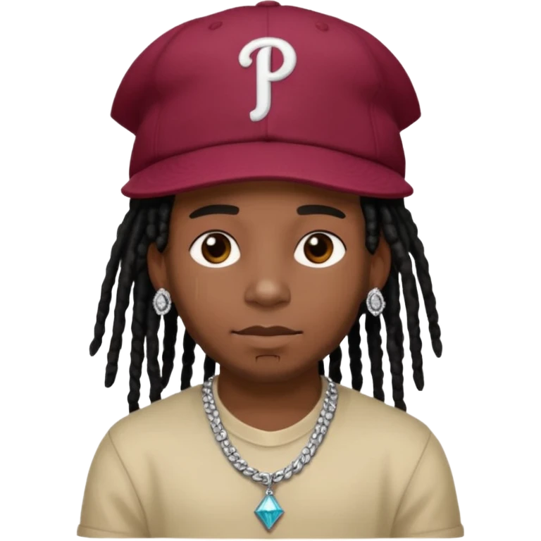 Black boy with black dreads and a burgundy Phillies hat with a diamond chain that says “KZEE” emoji