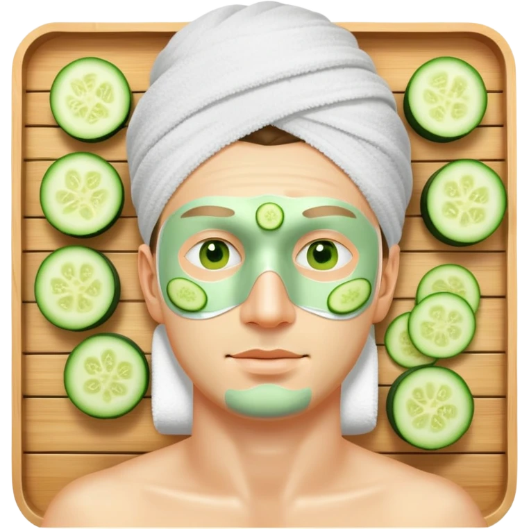white man with green facial mask and cucumber slices on eyes, relaxing at a spa emoji