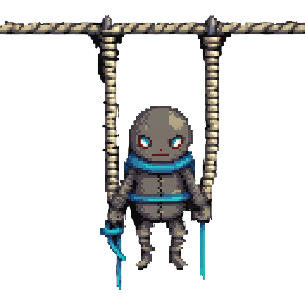 A pixel art character wrapped up in rope like a mummy, looking silly with just eyes visible emoji