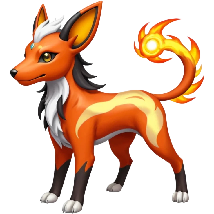 Fiery elemental colorful solarpunky hot will-o-wispy Houndoom-Solgaleo-Torracat-Genesect-Pokémon-Fakémon-hybrid-creature emoji